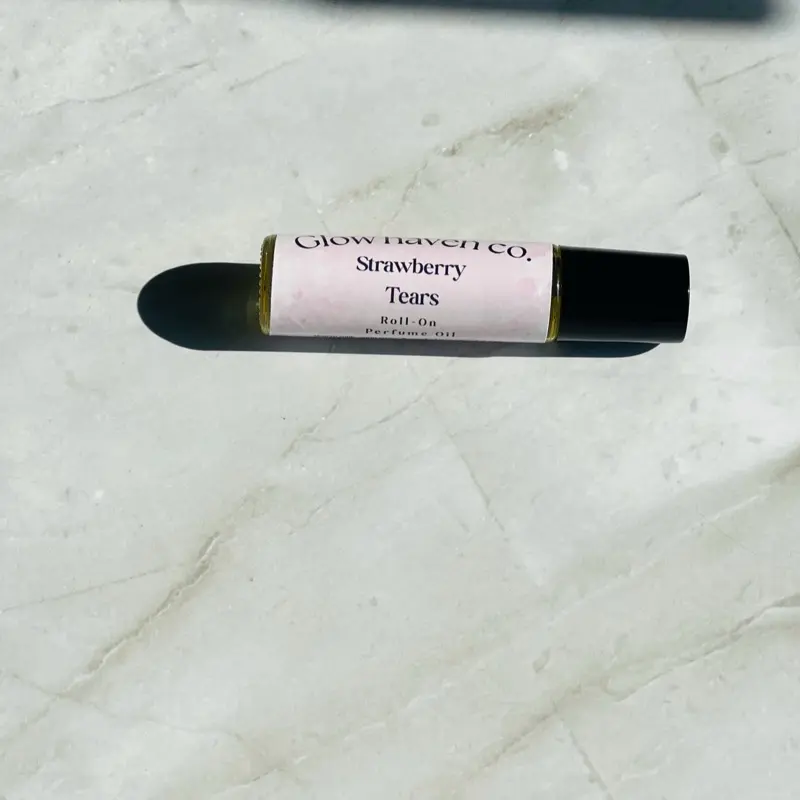 Glow Haven Co. Strawberry Tears Perfume Oil – 10 ml Roll-On | Sweet Strawberry Milk & Caramel Scent | Jojoba Oil | Long-Lasting Fragrance