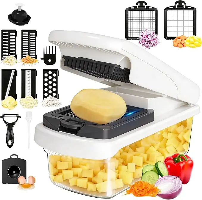 15 in 1 Vegetable Chopper with Container and Stainless Steel Blades | For onions, potatoes and vegetables. Large 1.5L container with drain basket for convenient washing and meal preparation.