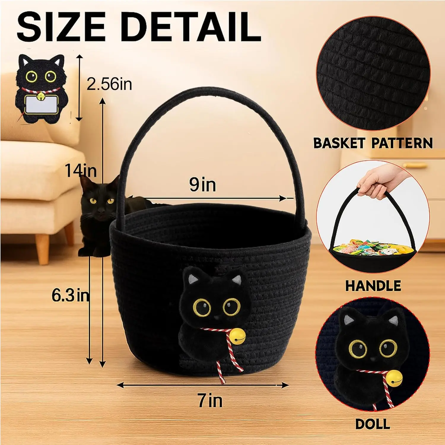 Plush Black Cat Basket: Cute Halloween & Easter Basket for Kids | Soft Woven Cat Gift Basket with Handle, Seasonal Decor, Cat Lover Gifts, Baby Shower Gift & Holiday Storage