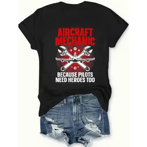 Women's Unisex Aircraft Mechanic Crew Neck T-Shirt, Black Cotton Aviation Work Wear, Summer Comfortable Breathable Short Sleeve Top, Suitable For Versatile Outfits, Made In USA