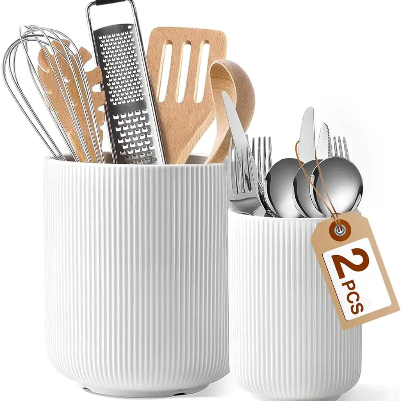 [Christmas deal] Large Kitchen Utensil Holder Set of 2 | 7.3" + 5.4" Ceramic Cooking Utensil Holder for Countertop | Large Utensils Crock for Kitchen Counter, Utensil Storage Organizer for Spatula, Kitchen Decor, Utensil Organizer for Spatula