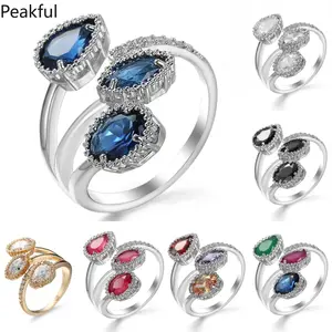 Elegant Triple Stone Halo Ring, Women’s Silver Plated Multicolor CZ Bypass Band, Statement Stackable Jewelry with Teardrop & Oval Cut Stones, comfortable lightweight fit, great for everyday glamour, cocktail parties, anniversary gifts and formal styling