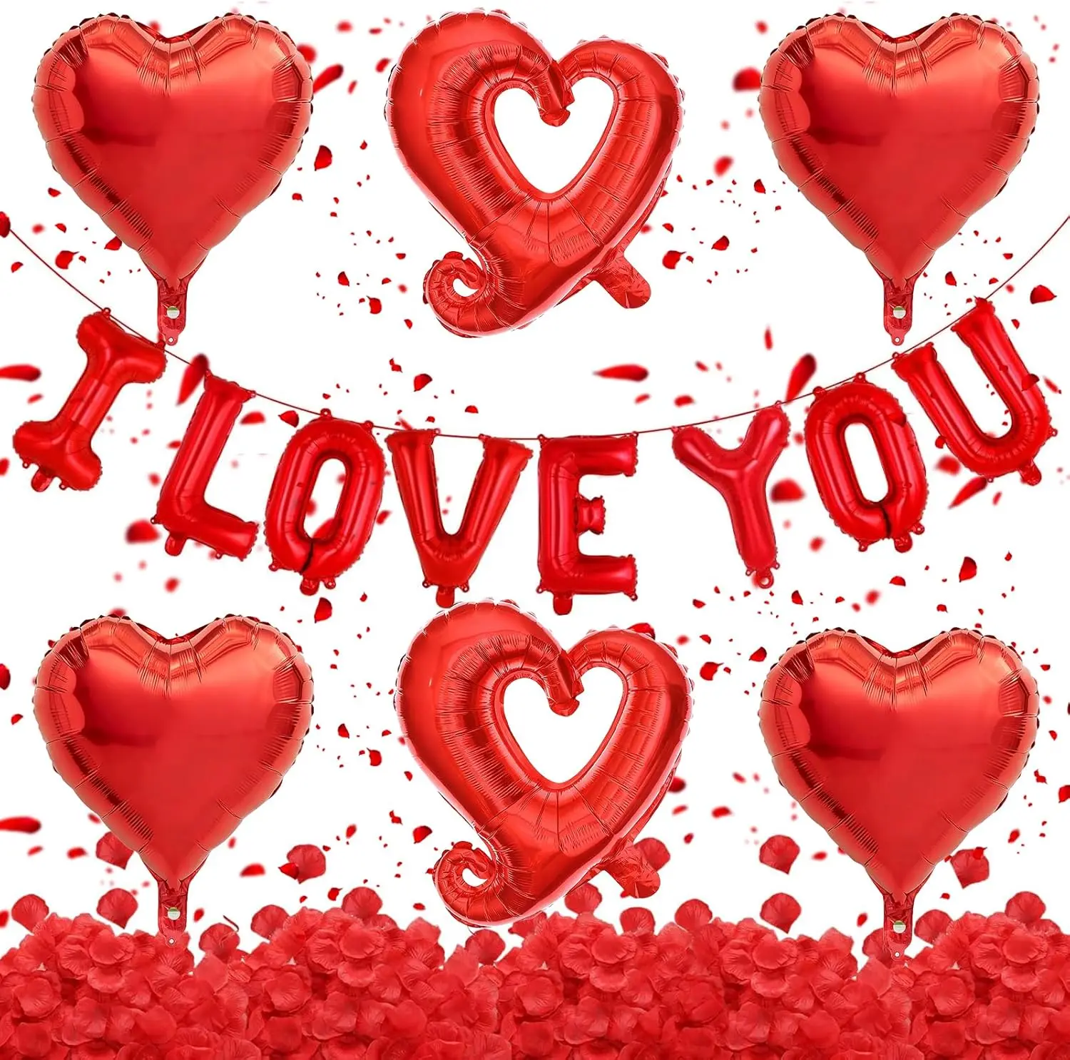 [USA stock] - 6 Red Heart Balloons & I Love You Balloons - Valentines Balloons with 500 Rose Petals for Anniversary, Engagement, Romantic Surprise Gift