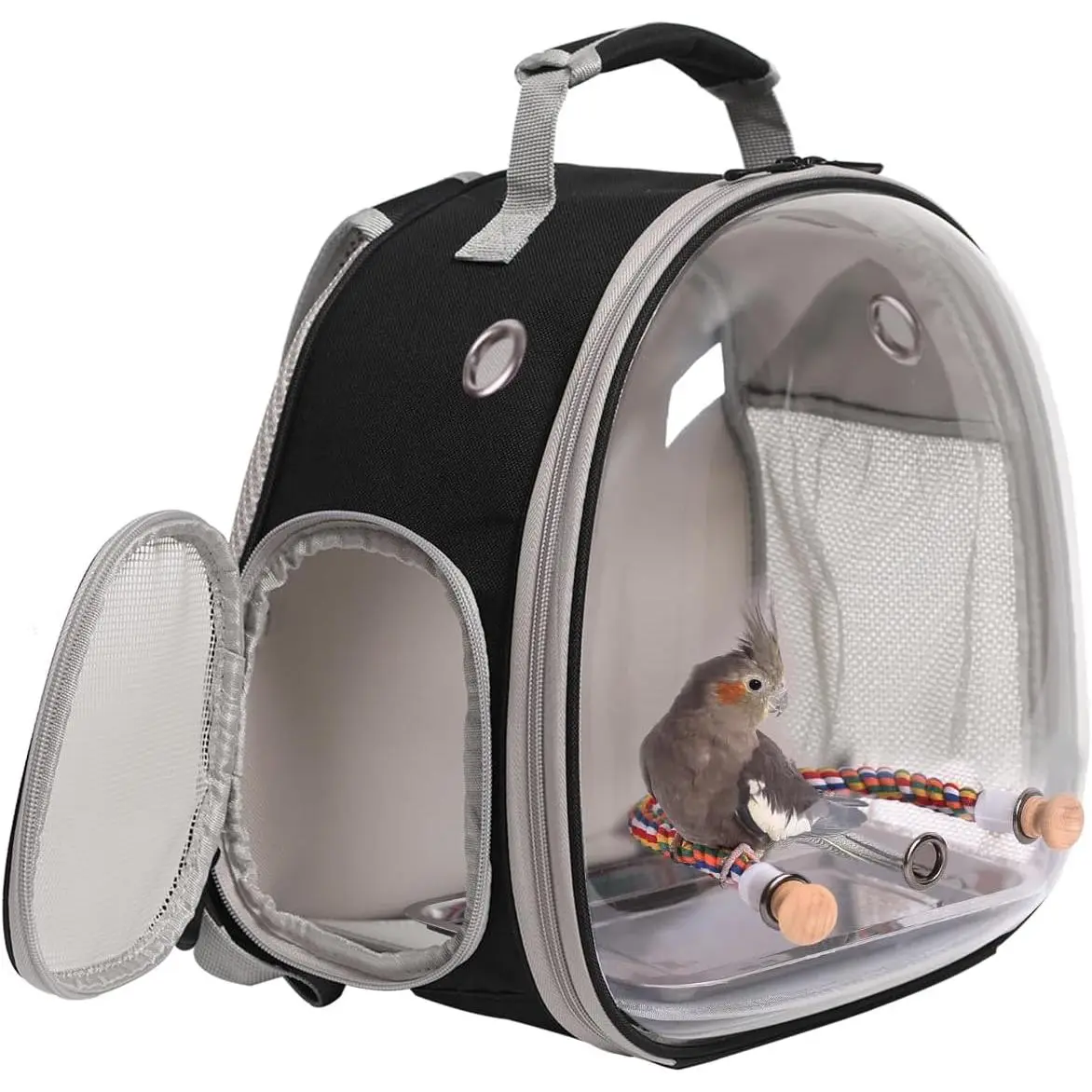 Small Bird Travel Backpack  Cage, Backpack to Transport Backpack  with Metal Tray Stand Perch for Parakeet Cockatiel Budgies Vet Carry Book Bag Black
