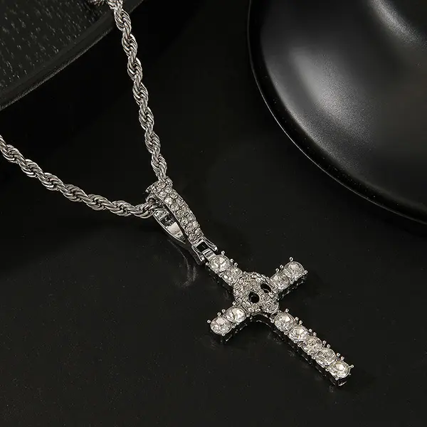 Men's Chunky Gold Cuban Link Chain Set, Iced Out Rhinestone Cross Pendant Punk Hip Hop Zinc Alloy Jewelry for Daily Wear, Rhinestone Cross Pendant Jewelry Sets, Chunky Charm Necklace, Gold Chain Detail, Cuban Links Necklace, Costume Jewelry Necklace
