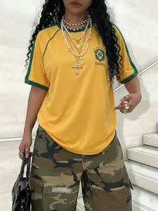 Women's Brazil Jersey Crewneck Loose Fit Short Sleeve Printed Top for Summer, Casual Olympic Game Party Wear, Simple and Stylish Design
