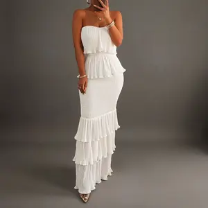 Women's Bandeau Shirred Ruffle Hem Wedding Guest Layered Wedding Dress/Women's Ruched Bodycon Dress/Summer Dress/White Graduation Dress/Women's Shirred Ruffle Hem Dress Womenswear