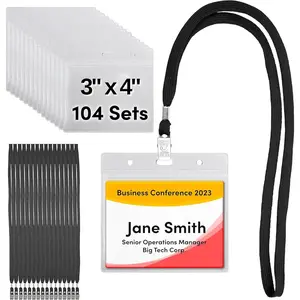 104 & 52 Qty Sets Badge Holders with Lanyards Name Tag Holders and Lanyards 3x4 Size Quick Load No Zipper Name Tag Badge id Holder Clear Plastic (104)