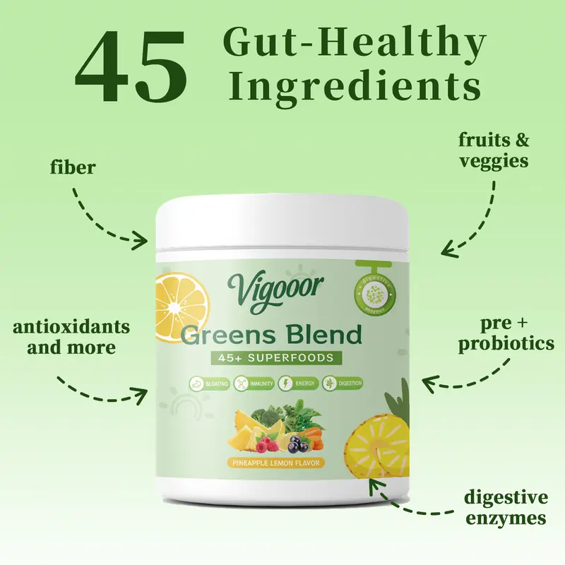 Vigooor Greens Powder, Pineapple Flavoured Fruit & Vegetable Powder, Rich in dietary fiber,Gift a blender，Helps - Bloating, Immunity, Energy, Digestion Healthcare Edible