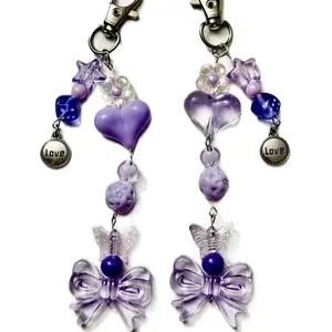 Purple Heart Handmade Keychain Set with Beads and Bow Charm for Fashion Accessories Perfect for Friendship and Everyday Use