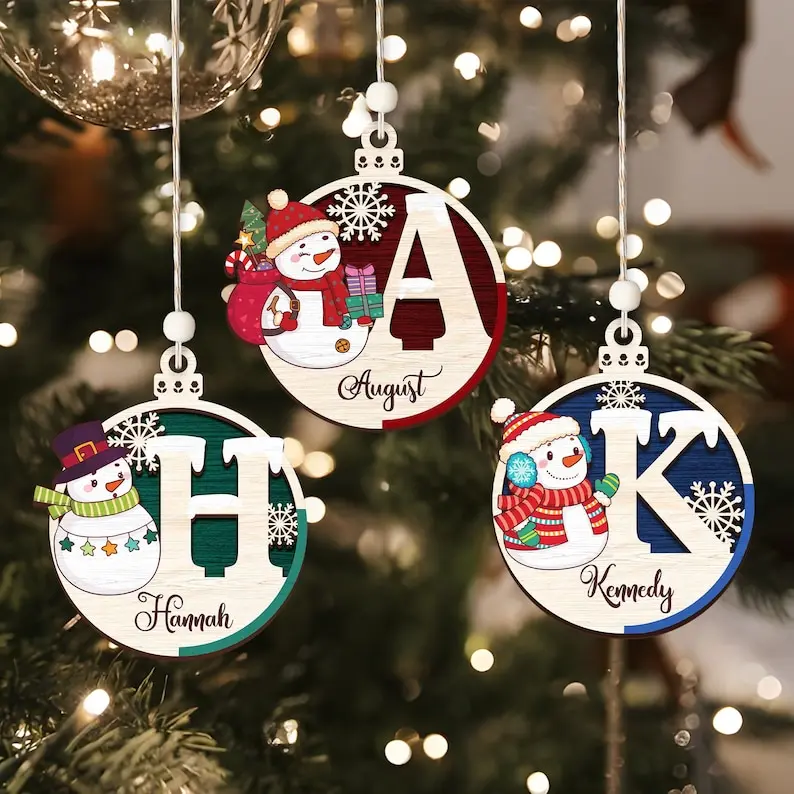 Personalized Snowman Christmas Ornament 2024, Name Tags Wooden, Letter Name Ornament, Custom Snowman Family ornaments, Xmas Gift For Girl, Boy