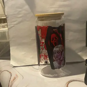 Horror GhostFace Glass Tumbler with Spooky Design and Red Accents