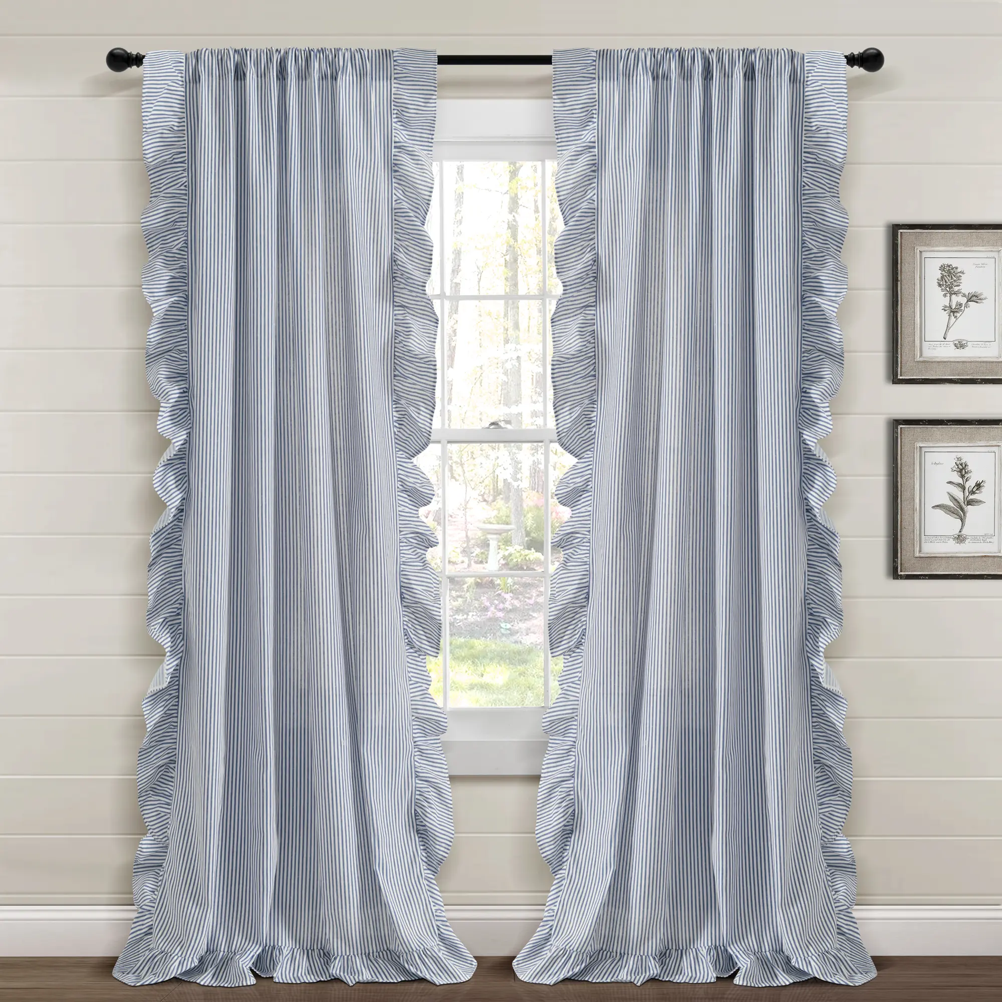 Lush Decor Farmhouse Reyna Ruffle Window Curtain Panels - Set of 2 - 54"W x 84"L - Striped Curtains for Bedroom - Coquette Living Room Curtains