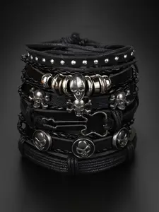 6-piece Gothic unisex bracelet set, Stackable bracelets, punk style multi-layer bracelet, PU bracelet set, skull-element bracelet, suitable for Halloween party wear, gift for couples, Punk Jewelry