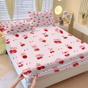 🍒Cherry Bow Heart Checkered Polyester Fitted Sheet 3-Piece Set Bedding Supplies! Anti-Slip Cute Style For Bedroom/Dorm🎁Ideal Gift For Girls Bed Sheet Sets