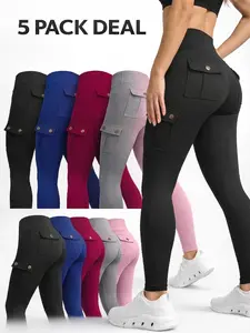 Women's 5-Pack Full Length High Waist Leggings - Belt Pockets, Button Detail, Elastic Fit, Tummy Control Booty Lift Yoga Pants