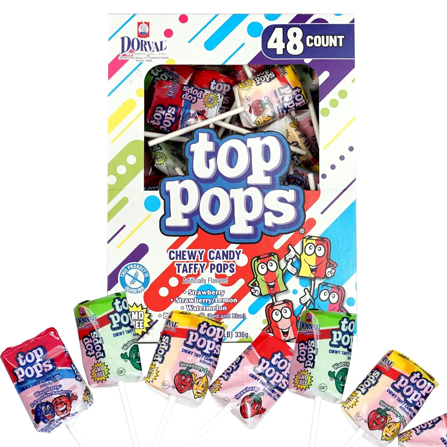 Top Pops Taffy Pops, 48 Pack, 4 Assorted Fruit Flavor Lollipops