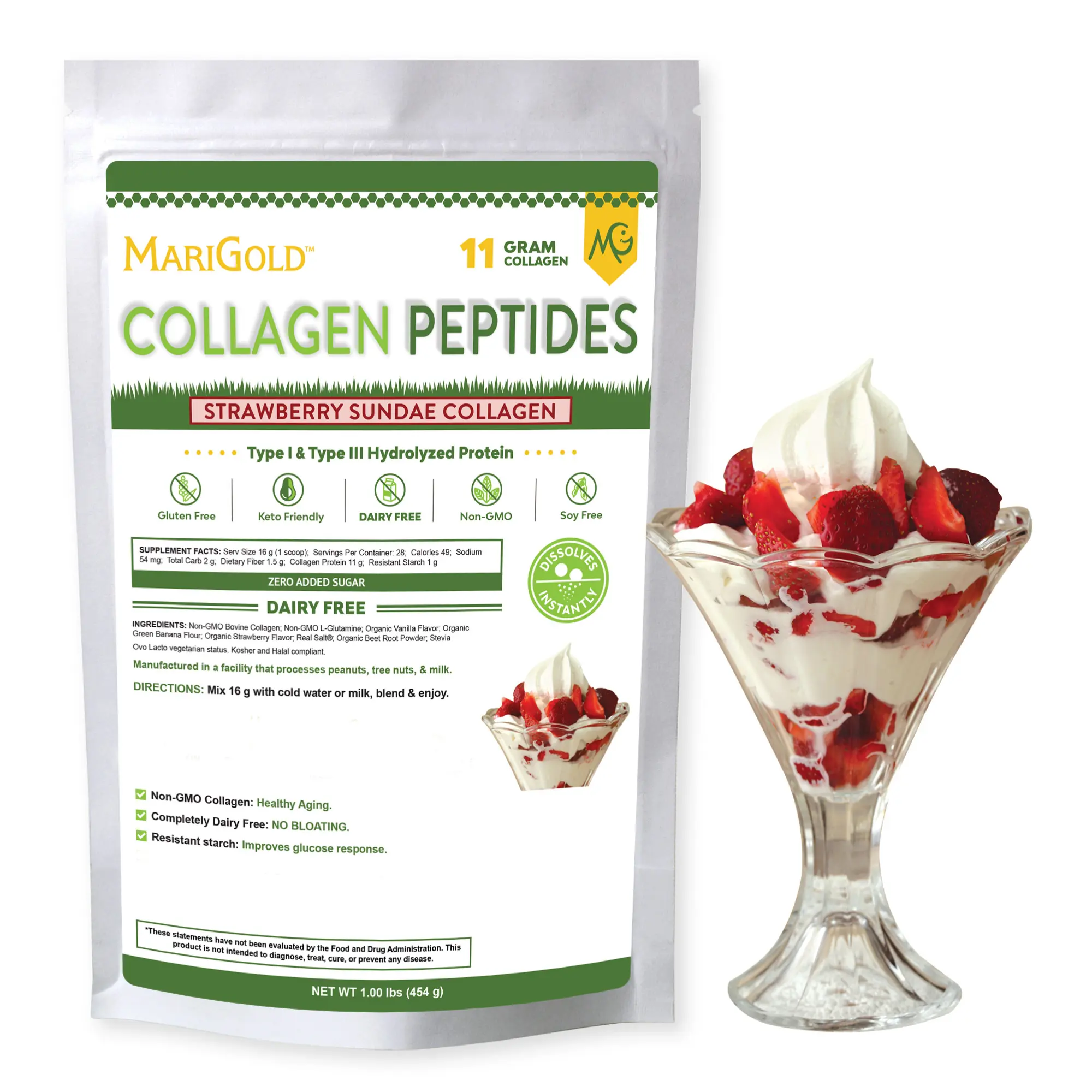 MariGold Collagen Peptides Powder 1LB | Strawberry Sundae | Type I & III Bovine Collagen, Non-GMO, rBST/Dairy-Free | Buy Now for Health & Wellness