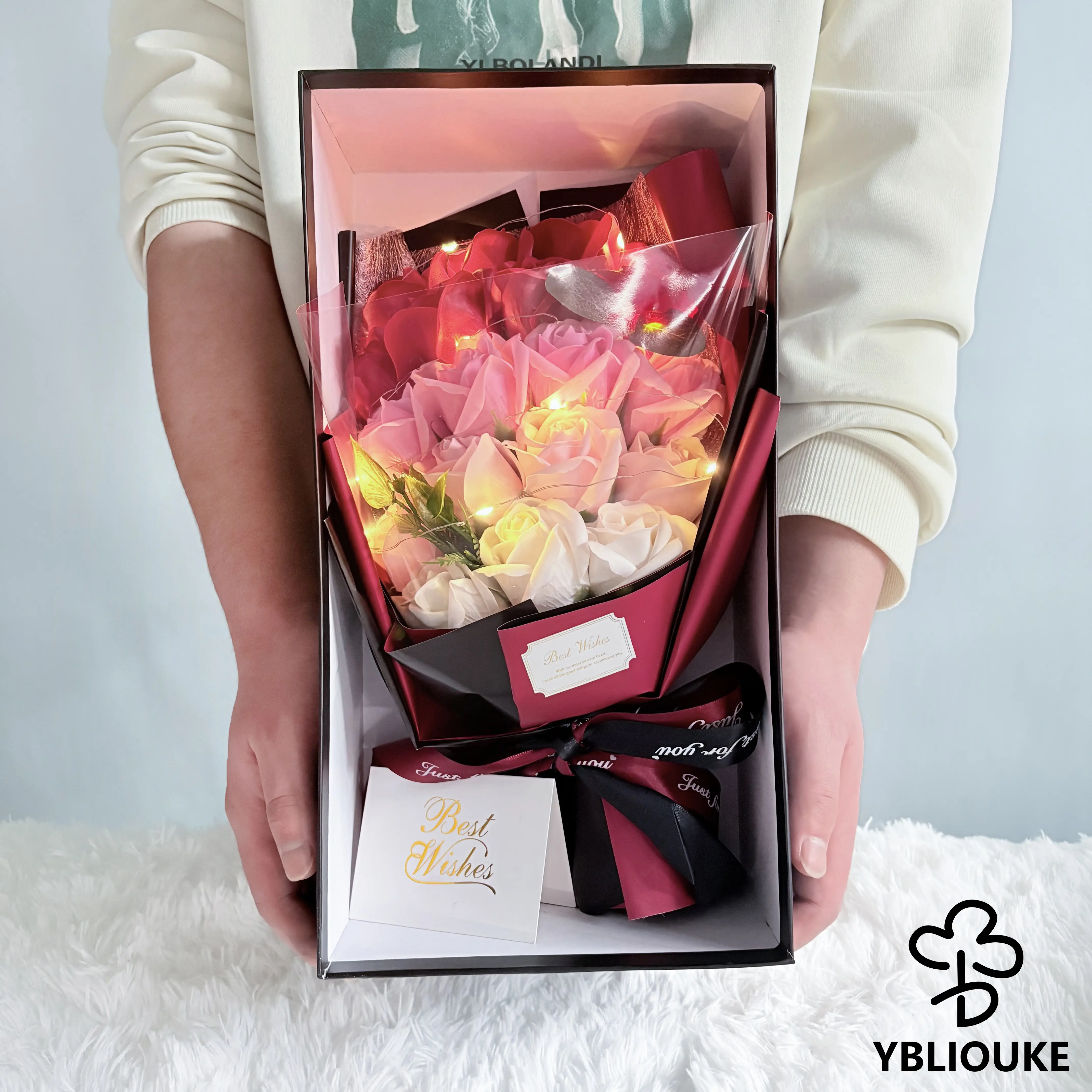 18-Piece Color-Coordinated Bouquet-Shaped Preserved Eternas Roses Soap Flowers with LED Strip - Artificial Roses Bouquet in gift box, Unique Gift for Valentine's Day, Aesthetic Room Decor for Girls
