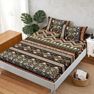 Bohemian Ethnic Bedding Set, Boho Bedding, Vintage Print Non-Slip Full Wrap Bed Sheet, High Elasticity Waistband, Skin-Friendly Breathable Fabric