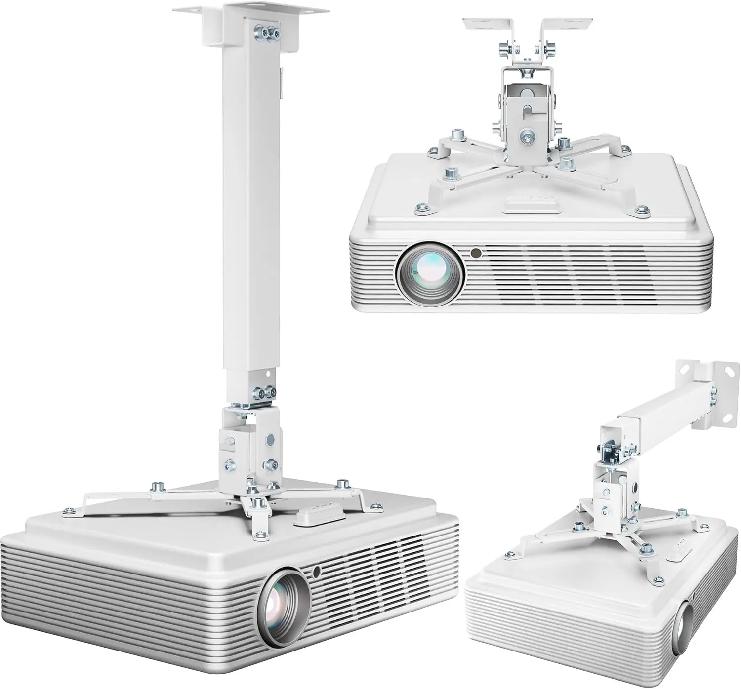 Projector Ceiling Mount with Extension Pole, Wall&Ceiling Adjustable Bracket 3-in-1, Universal Projector Holder for  Theater & Office, 44lbs, Compatible with Epson/Optoma, White