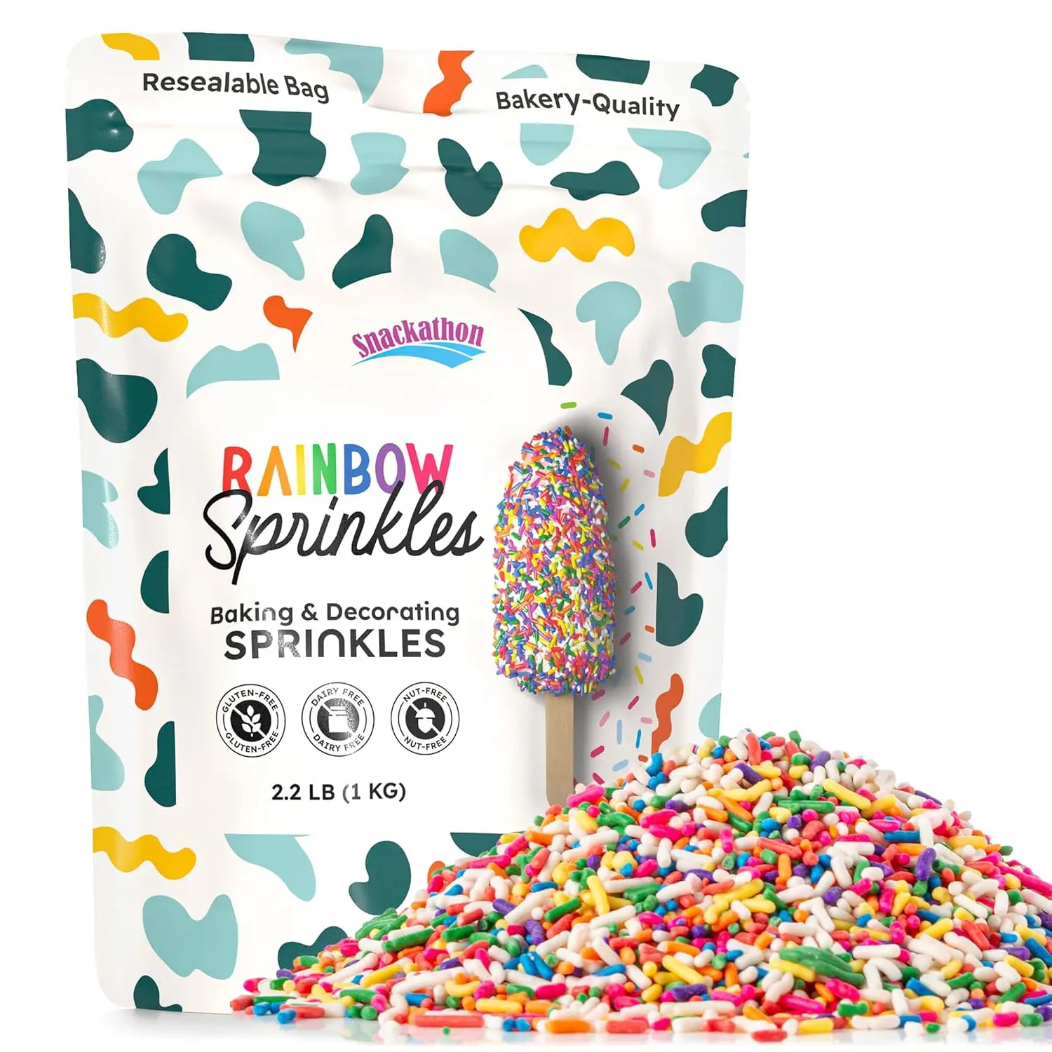 Snackathon Sprinkles for Baking & Decorating, Rainbow Nonpareils, 2.2 LB Bulk Resealable Bag – Colorful Candy Dot Toppings for Cupcakes, Birthday Cakes, Cookies, Ice Cream & Desserts