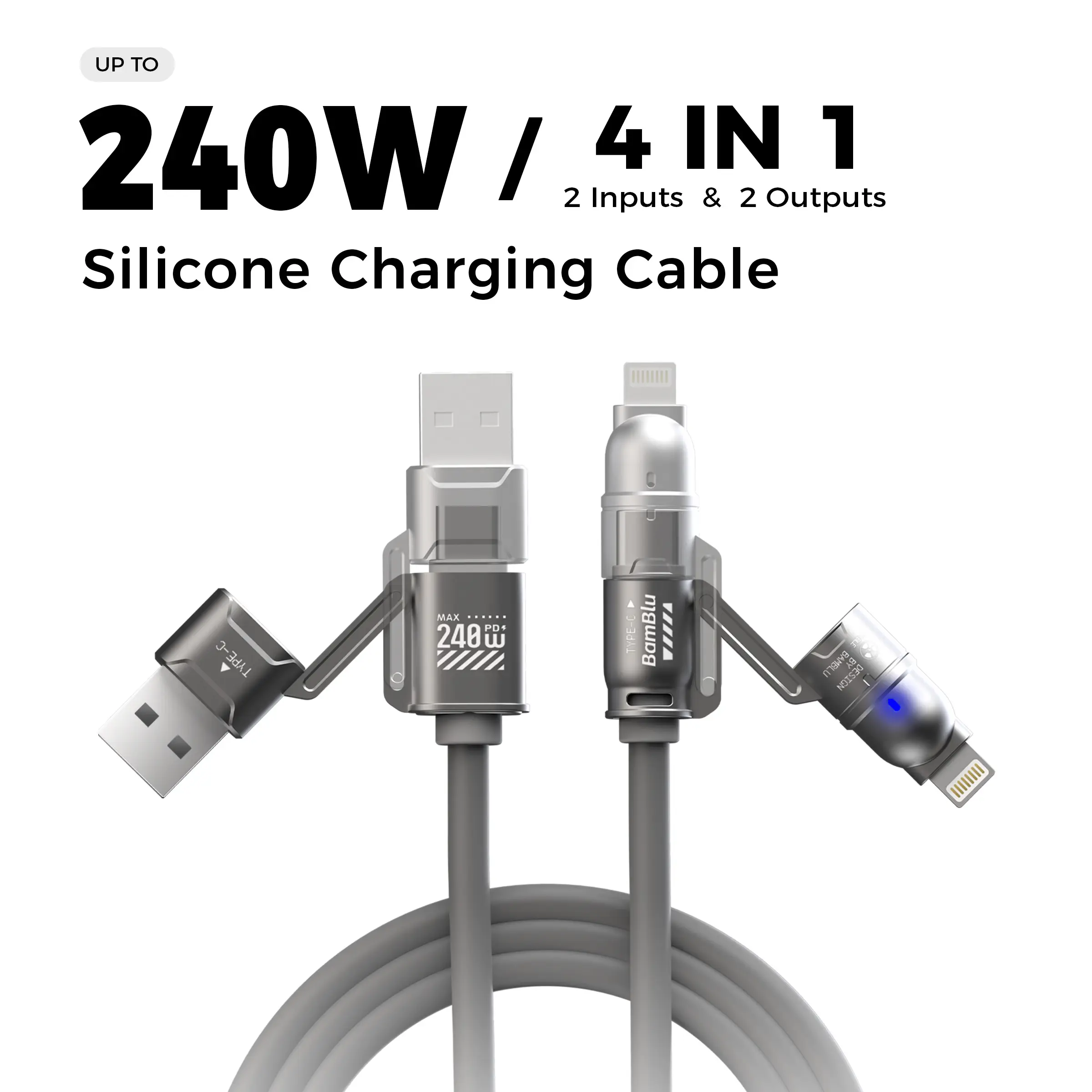 BAMBLU 4-in-1 hybrid port 240W fast charging cable USB-A Type-C to Type-C Lightning Max PD 5-ft alloy metal iPhone Samsung high-speed data synchronization, travel cable, home cable