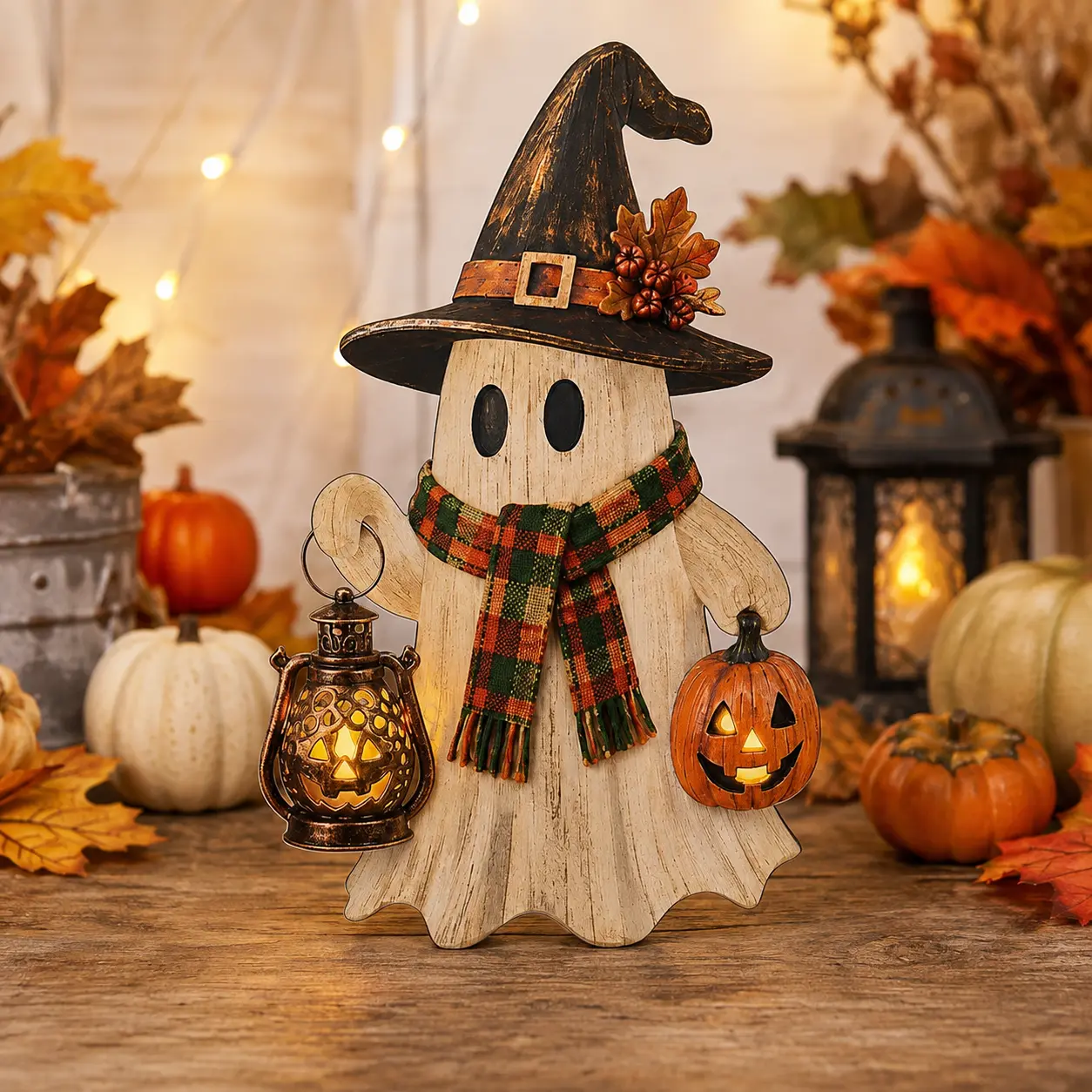 Wooden Ghost Lantern Block, Rustic Halloween Shelf Sitter Decor