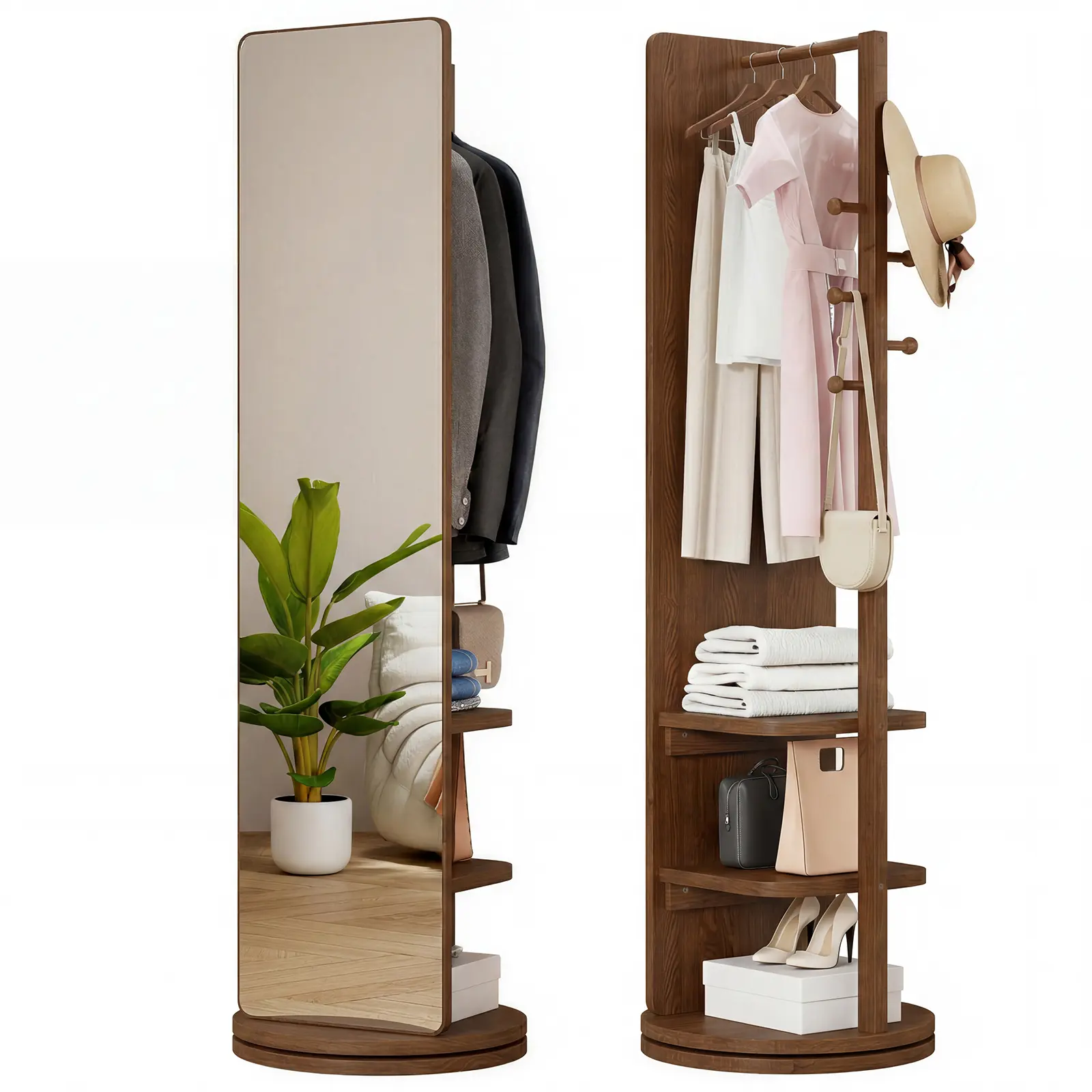 Full Length Floor Mirror with Coat Rack & Hanging Hooks, Solid Wood Standing Dressing Mirror, Multifunctional Storage Mirror for Bedroom & Living Room, Space Saving Modern Home Decor Furniture (walnut)