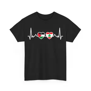 Lebanon Palestine Flag Lebanese Palestinian Unity Heartbeat Unisex T-Shirt Casual Shortsleeve