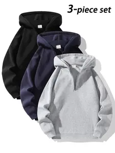 Men's Half-Zip Fleece Hoodie, Casual Plain Long Sleeve Drop Shoulder Sweater, Thick Fabric for Fall & Winter, Sporty Fashion Pullover, Casual Hooded Sweatshirt