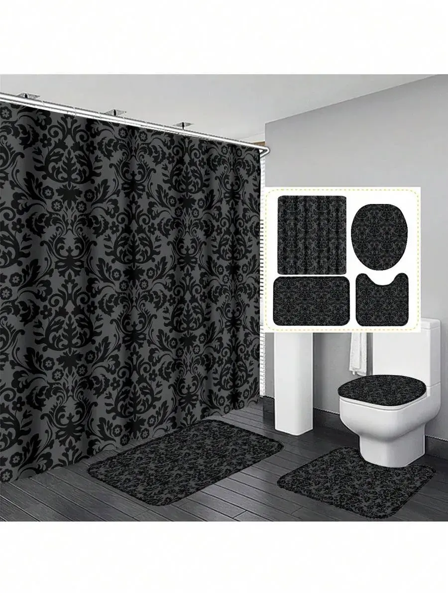 Household Damask Floral Print Bathroom Set - Lightweight Woven Fabric Black Grey Vintage Waterproof Shower Curtain, Non-Slip Plastic Bath Mat, Toilet Lid Cover, 12 Hooks Complete Decor Kit