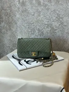 Pre-owned CHANEL Mini Rectangular Classic Flap Bag in avocado green lambskin, featuring the iconic adjustable gold ball chain 1919H0106