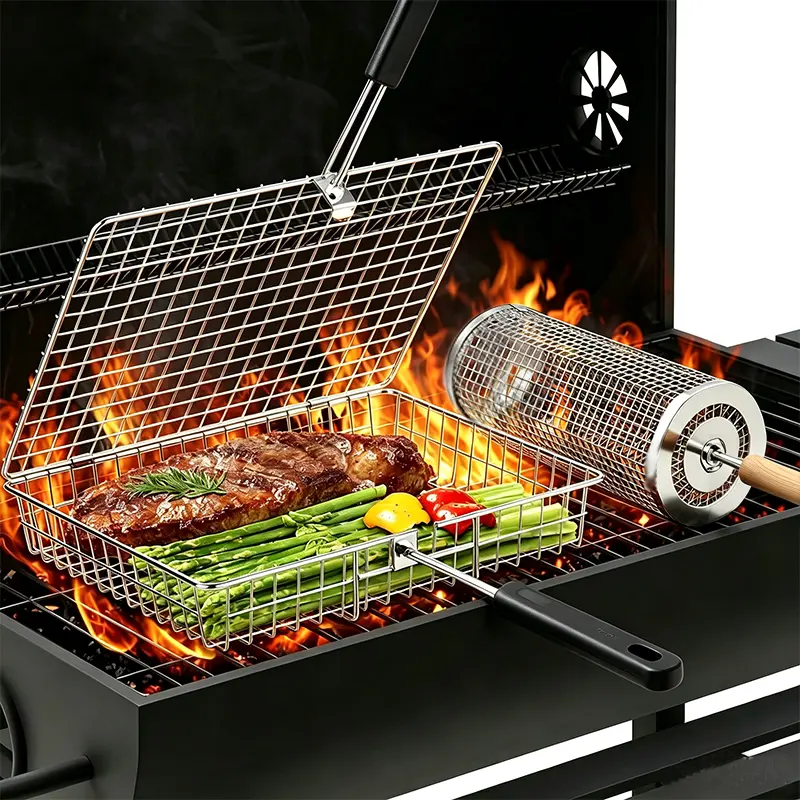 Grill Basket Set 3PCS with Removable Beech Wood Handle 304 Stainless Steel Heavy Duty Cylindrical BBQ Tools for Vegetable Shrimp Outdoor Camping Kitchen Barbecue Cooking Gifts for Men Dad Husband - Utensils Cover