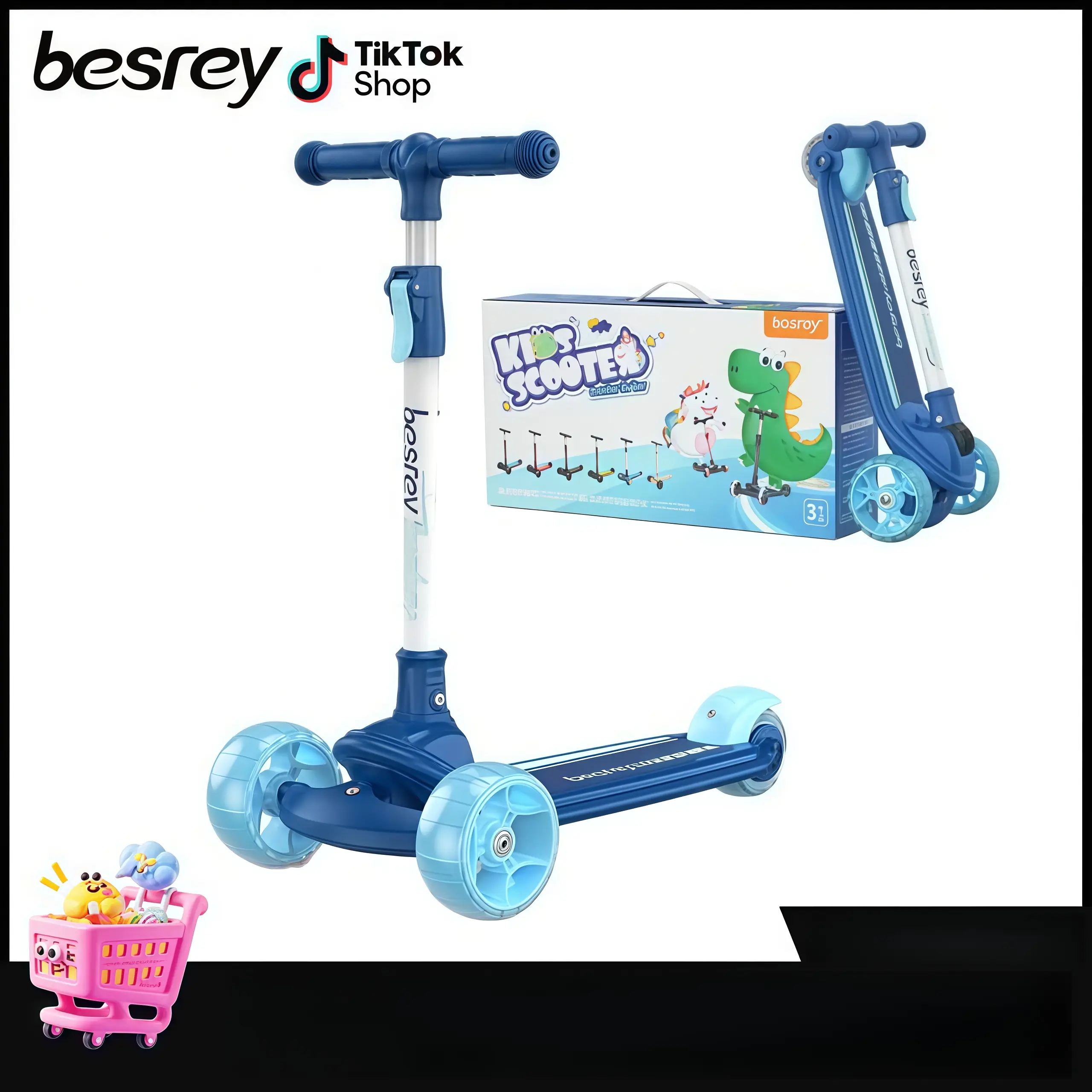 Besrey Folding Kick Scooter for Kids Ages 3-10, Adjustable Height, Extra Wide Deck, LED Light PU Wheels, Rear Brake, Lean-to-Steer Technology, Fast Folding Design for Boys/Girls, Folding Kick Scooters