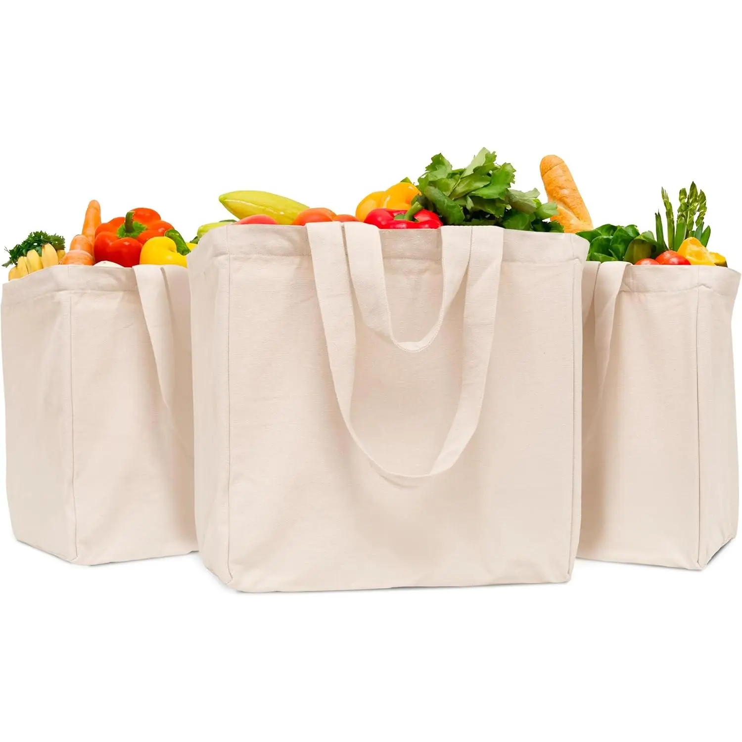 Canvas Grocery Shopping Bags - 3 Pack,  Cloth Grocery Bags with Handles and Real Pockets - Heavy Duty, Washable and Foldable Shopping Bags with Short and Long Handles (3 Bags)