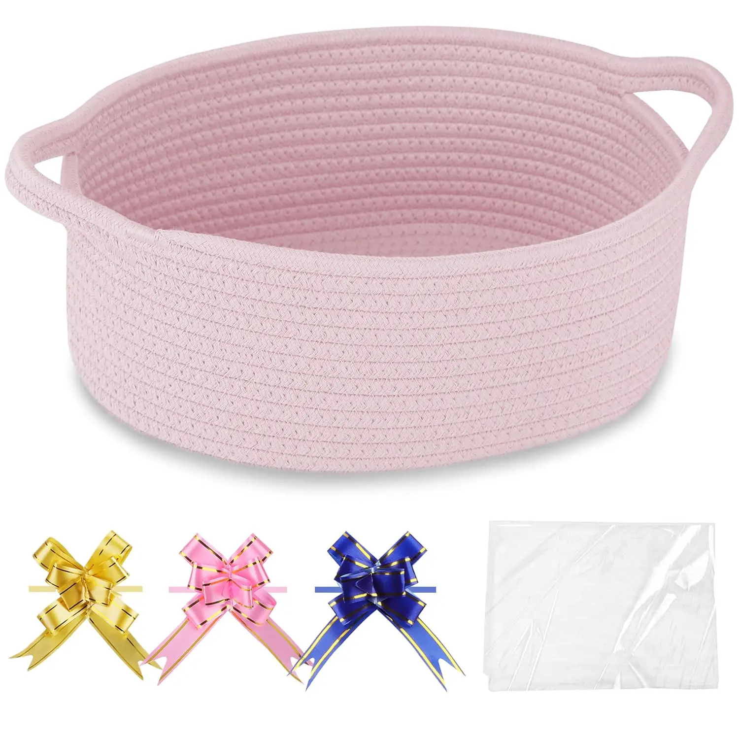 Small Woven Basket with  Bags and Ribbons,  Basket Empty, Cotton Rope Storage Organizer,   Box with Handles, 12" x 8" x 5", Light