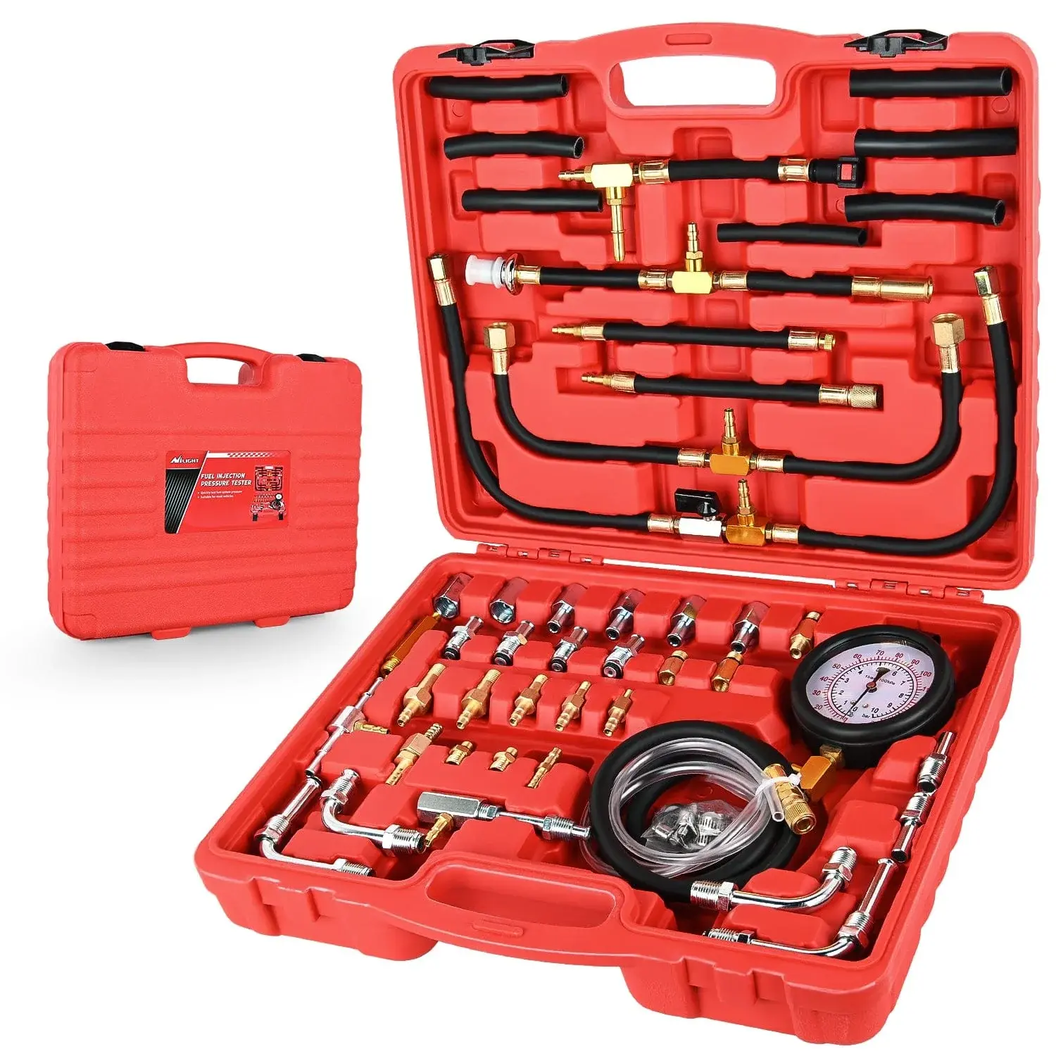 Nilight 48-Piece Rust & Corrosion Resistant Brass Alloy Fuel Pressure Tester Kit - 0-140 PSI Gauge, Petrol Engine Diagnostic Tool with Built-in Release Valve, Dual-Color-Coded Hoses, Fittings & Complete Set of Adapters, Vehicle Maintenance Tool