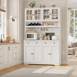 【2 Packages Shipping】HOSTACK 75.4" Tall Kitchen Pantry Cabinet with Charging Station, Hutch, Microwave Stand, Wine Rack, Large Pantry Storage Cabinet with Glass Doors, Drawers