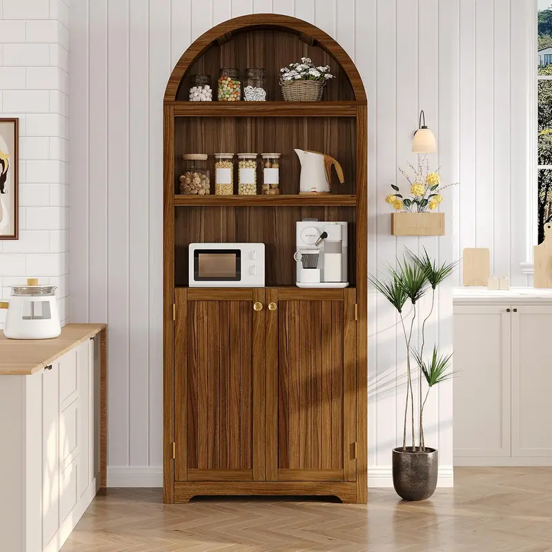 GARVEE 72''Tall Wooden Arched Bookshelf Cabinet - 5 Tier Storage with Double Doors & Adjustable Shelf for Living Room,Bedroom,Home Office,Walnut
