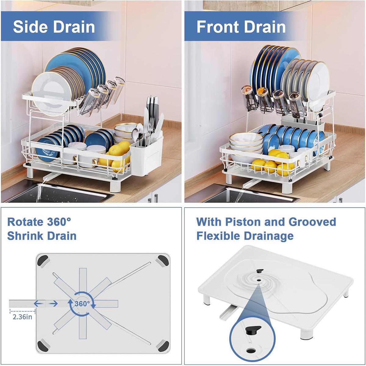 2 Tier Dish Drying Rack with Drainboard Adjustable Spout Utensil Holder and Knife Slots,Space-saving,Suitable for kitchen countertops,Keeps countertops clean and tidy,Easy to install,Beautifully crafted,Rotatable drainage system,Disassembleable