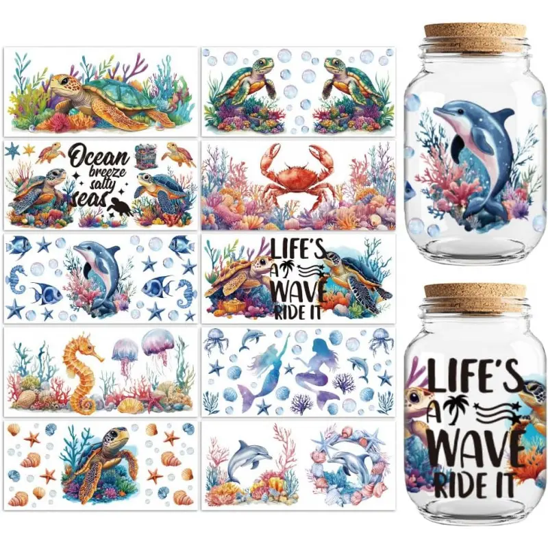 UV DTF Cup Wraps Transfer Stickers Marine Life Pattern, 10 Sheets Waterproof Custom Vinyl Transfer Sticker 16oz Coffee Glass Cup Tumbler Bottle Mug Decals for Men Women