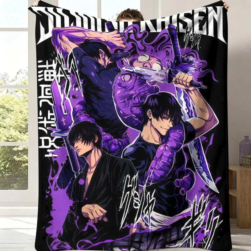 Jujutsu Kaisen Glam Anime Theme Flannel Blanket - Stain-Resistant, Year-Round Soft, Contemporary Design, Black Base with Toji Fushiguro Purple Splatter, Cursed Spirit Sword Print, Adult 1-Piece for Sofa Lounging & Lounge Nook