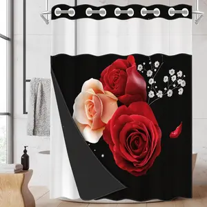 1pc hookless shower curtain with buckle lining, spring pink, white, red rose and pearl design, 2D flat printing, fabric waterproof lining, see-through double-layer shower curtain, 71 x 74 inches, modern home draping curtain.