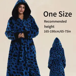 Elegant Blue Leopard Print Flannel Bathrobe Loungewear, Fleece Lined Hat with Belt + Pocket, Unisex, One Size Fits All