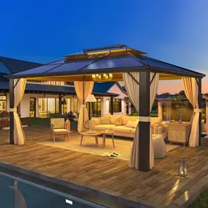 12.8'x10' Hardtop Gazebo, Polycarbonate Outdoor Gazebo with Aluminum Frame, Curtains & Netting for Garden & Patio