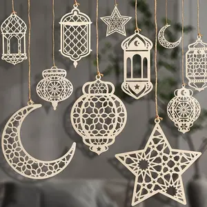 6pcs Eid Mubarak Islamic Decor Wooden Hanging Pendant, Star Moon DIY Ornament, Ramadan Kareem Gift, Islam Muslim Home Party Decoration, Festive Decorations, Eid al-Fitr Eid Al Adha
