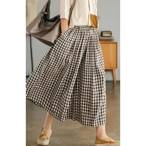 Women's Cotton Linen Pants Elastic Waist Plaid Gingham Wide Leg Capri Palazzo Pants
