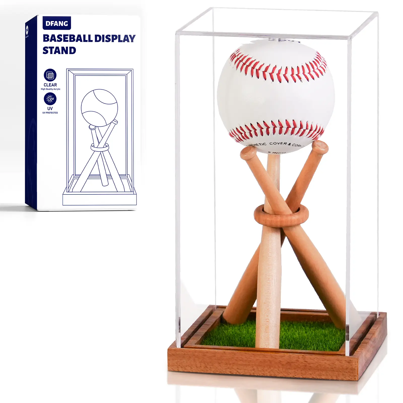 Baseball Display Case with Wooden Stand – Clear Acrylic Ball Showcase Cube for Collectibles & Memorabilia Display Holder