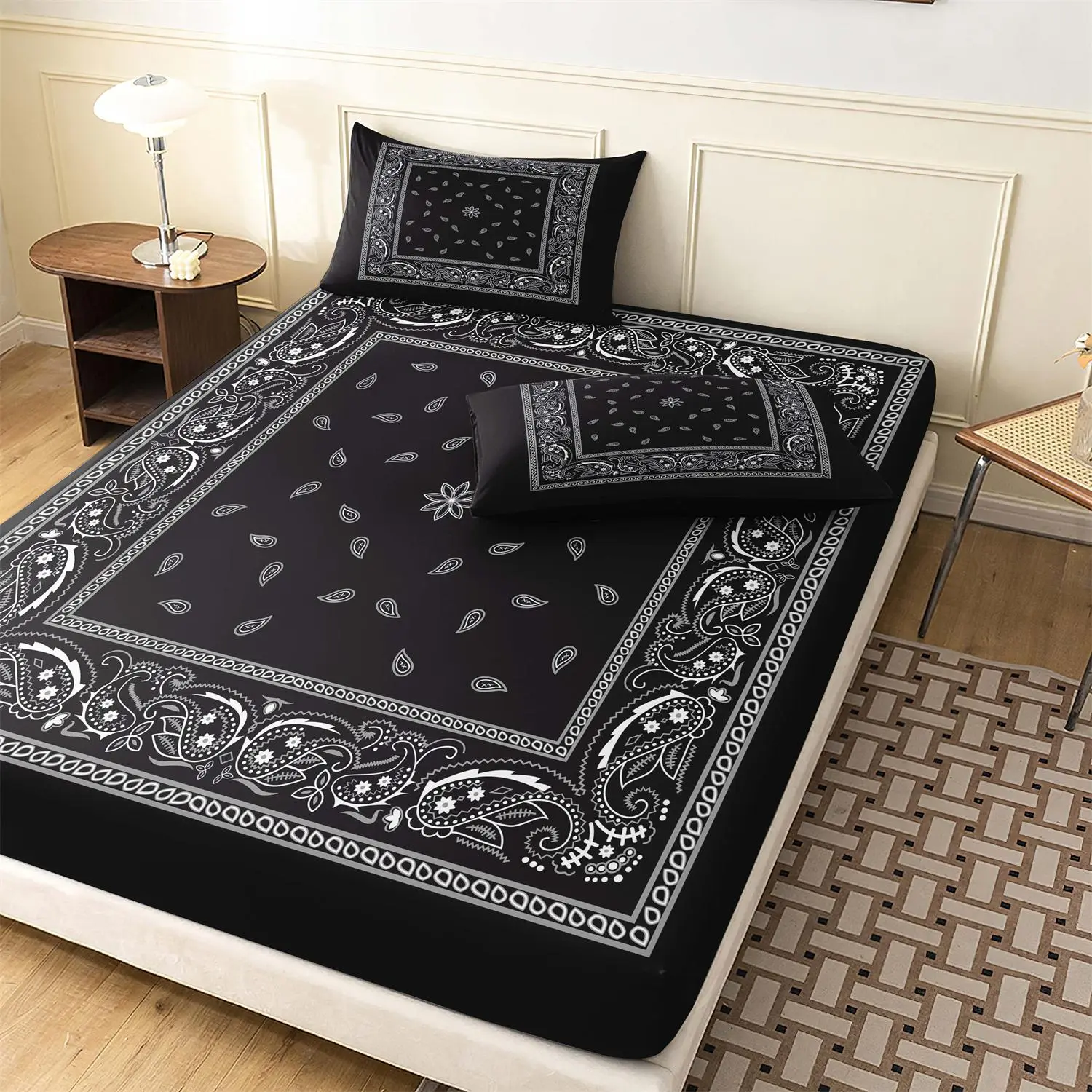 Boho Paisley Bohemian Printed Silky Satin Bedding Set, 3 Counts/set Including 1 Count Fitted Sheet & 2 Counts Pillowcase without Filler, Bedsheet Sets, Soft Comfortable Breathable Sheets Bedding Set for Home Bedroom, Bed Sheets Set, Bed Sets Supplies